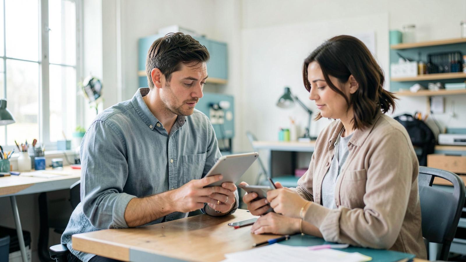 Zwei Mitarbeitende arbeiten gemeinsam mit Tablet an einem digitalisierten Arbeitsablauf